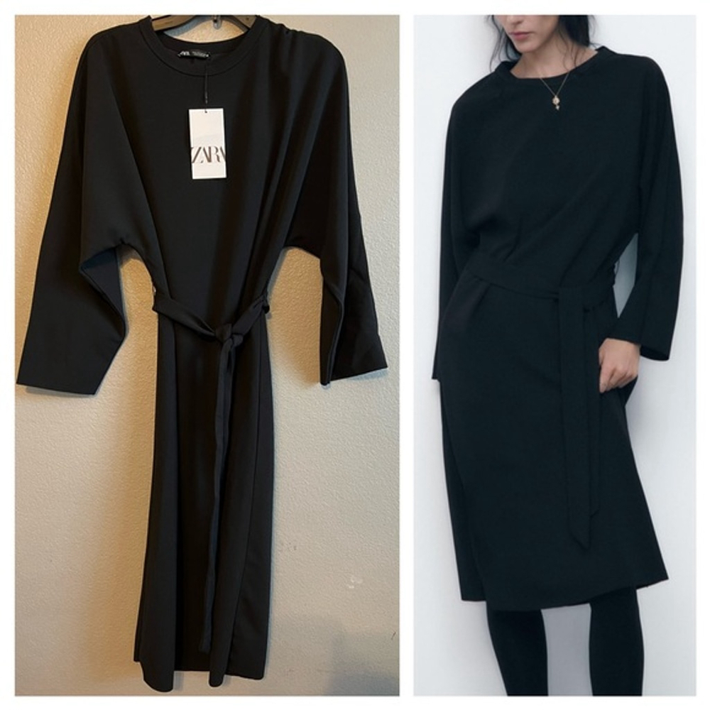 ZARA Black Long Sleeve Belted Midi Dress, Raw Hem, Women’s Size Small
